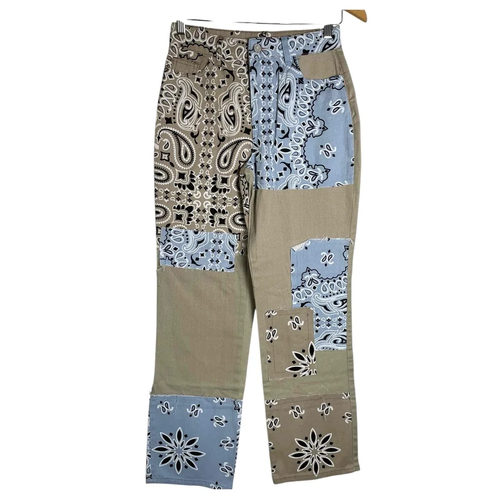 New Boohoo Women's Patchwork Boho Bandana Khaki Denim Pants - Picture 3 of 9